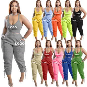 Custom Logo Wholesale Clothing Summer Sports Tracksuit Casual Solid Color 2 Piece Set Women Clothing