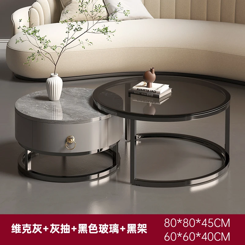 Modern Luxury Round Wooden Rock Glass White Black Gray Golden Living Room Combination Coffee Table with Metal Legs