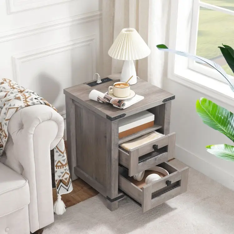 Farmhouse Wooden 1/2 Drawer Bedside Table Wooden Nightstand Bedside End Table With Charging Station And Usb Ports For Bedroom