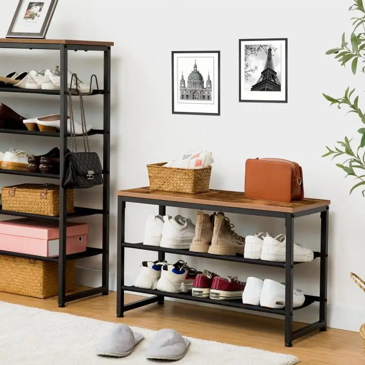 Industrial Style 3 Tier Wooden Hallway Shoe Storage Bench Large Shoe Rack Stand For 6/8/10/12 Pairs Shoes Organizer With Seat