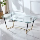 Table Green Light Tempered Glasses Golden Chromed Steel Tube Legs Dining Table