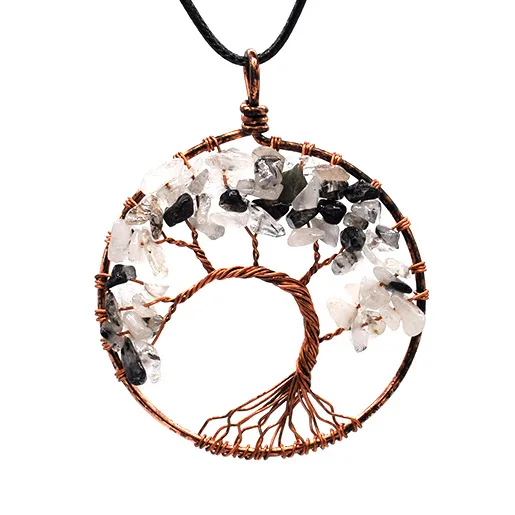 AFXOBO 7 Color Tree of Life Crystal Pendant Necklace Tumble Stone Exquisite Tree of Wisdom Ancient Copper Necklace 