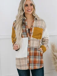 Wholesale Custom Western Patchwork Button Up Rust Plaid Shacket Coat Jacket For Women