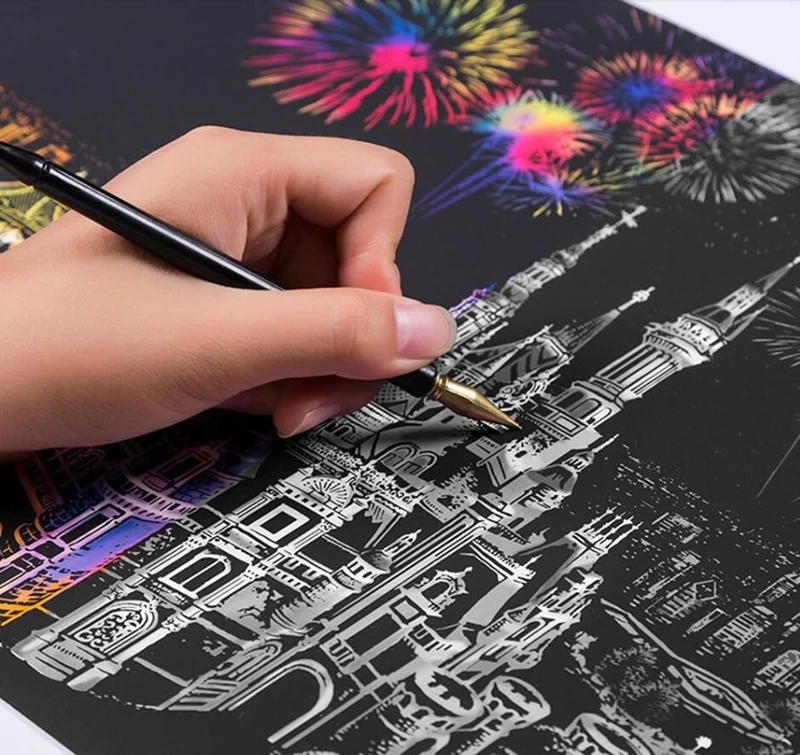 Drawing Pen slientC Scratch Art for Adults 16x11.2 Inches Scratch Paper Rainbow Painting Sketch Pad Night View DIY Art & Craft Clean Brush Engraving Art Craft Set: 4 Scratchboard 