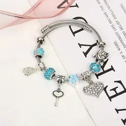 New Fashion Titanium Steel Adjustable Bangle Bracelet Zircon LOVE Heart Key Charm Bracelet for Women Jewelry Gifts