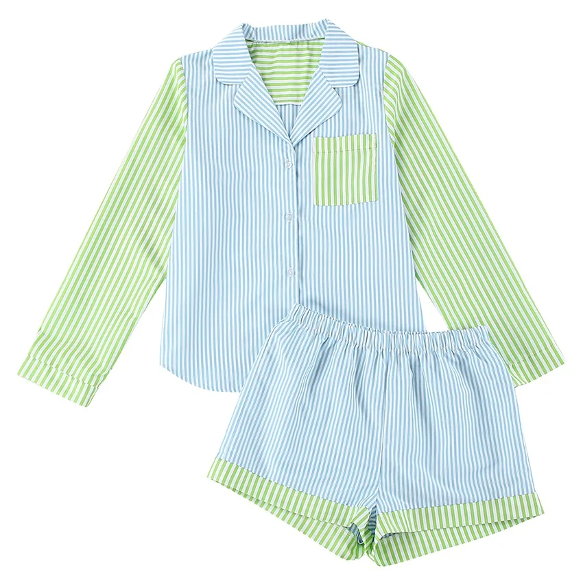 New Striped color-blocking design lapel pajamas fresh design two-piece sets for ladies