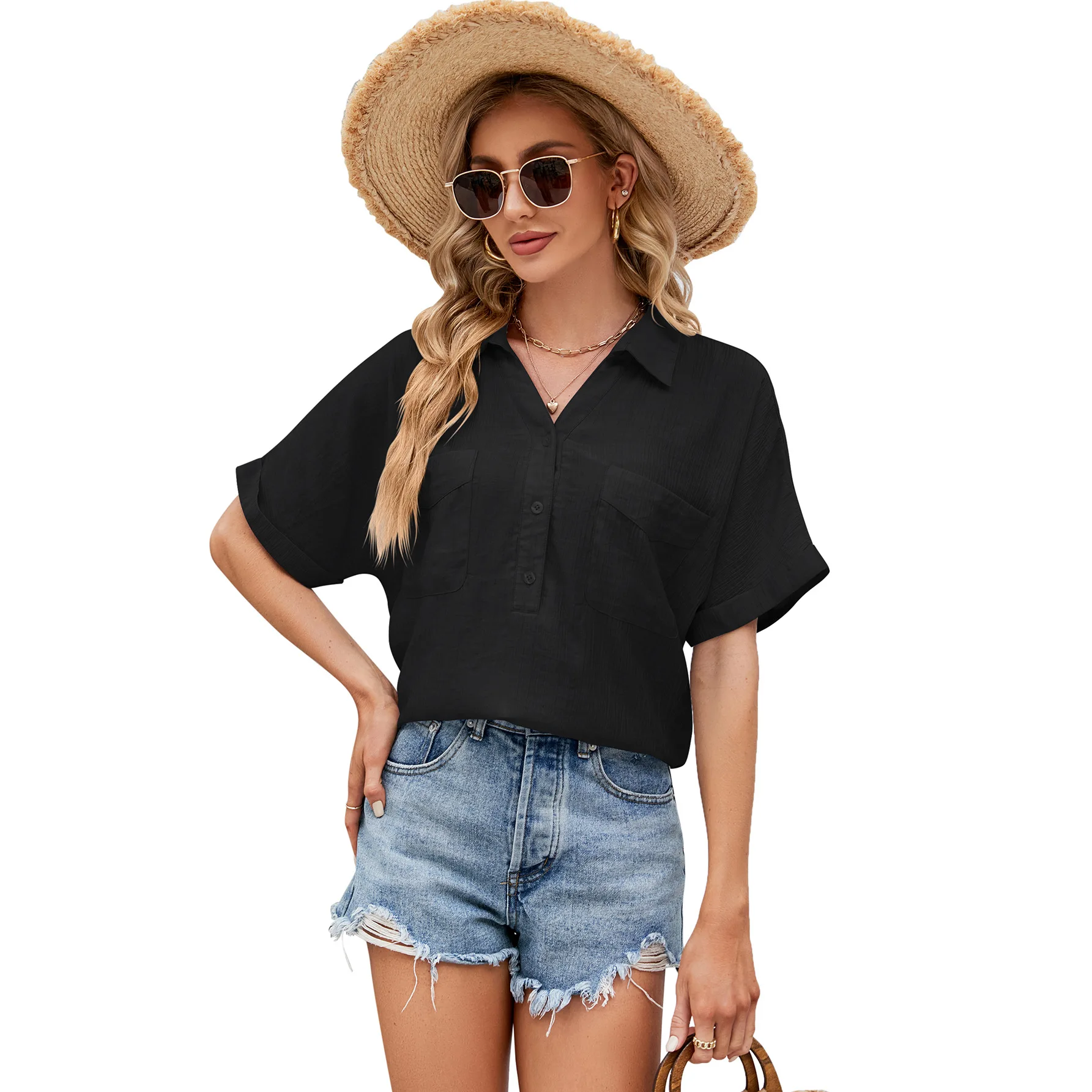 Hotouch Linen Shirts for Women Cotton Long Sleeve Button Down Blouses V Neck Casual Loose Work Casual Summer Tops