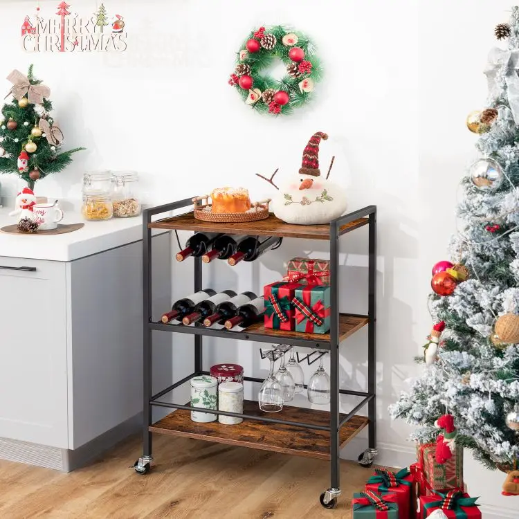 Wholesale 3 Tier Bar Cart Kitchen Serving Trolley Storage Rack Shelf with Wheels Wooden Rolling Cart for Dining Room