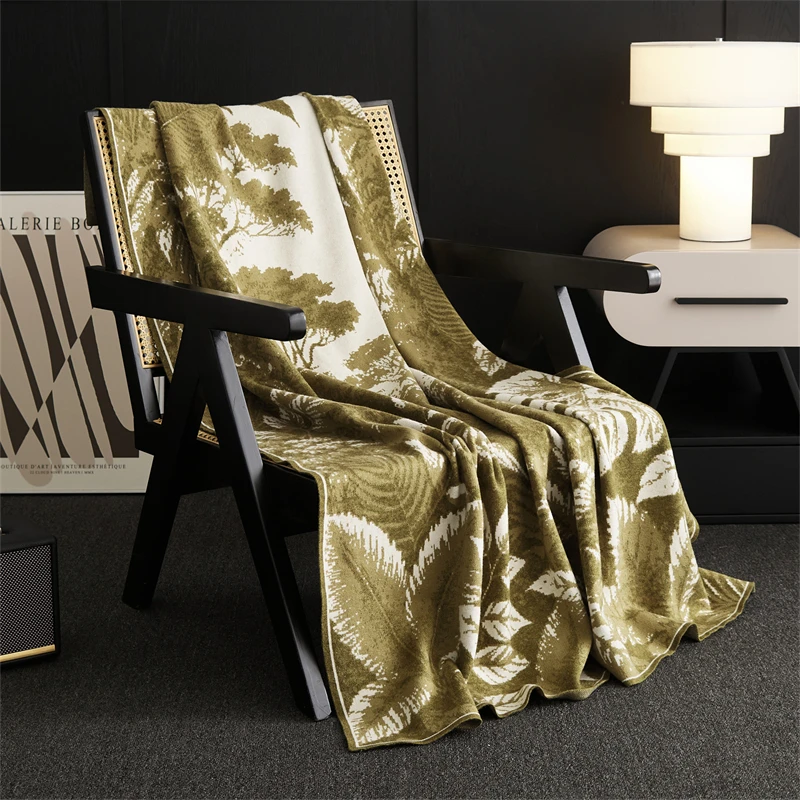 product accept custom super soft and comfortable leaf landscape jacquard knitted throw blanket for home decoration and sofa xge-59