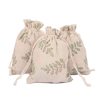 Wholesale green leaf print drawstring storage bag travel cosmetics jewelry small cloth bag gift tea package bag
