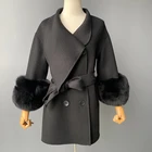 Coat Ladies High Quality Design Real Fox Fur Cuff Wool Trench Coat Belt Ladies Double Face 100% Wool Coat