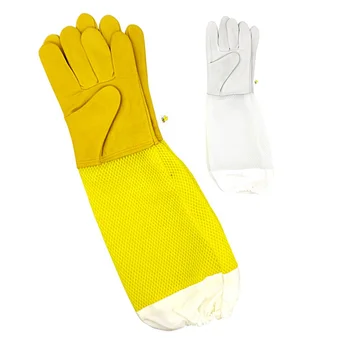 GL3028B Anti-Bee sting proof Sheepskin leather Yellow White Mesh long sleeve Beekeeping Beekeeper apicultural protection Gloves