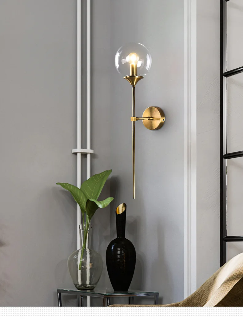 Antique Design Home Decoration Brass Base Amber Globe Glass Shade Indoor Wall Light for Bedroom