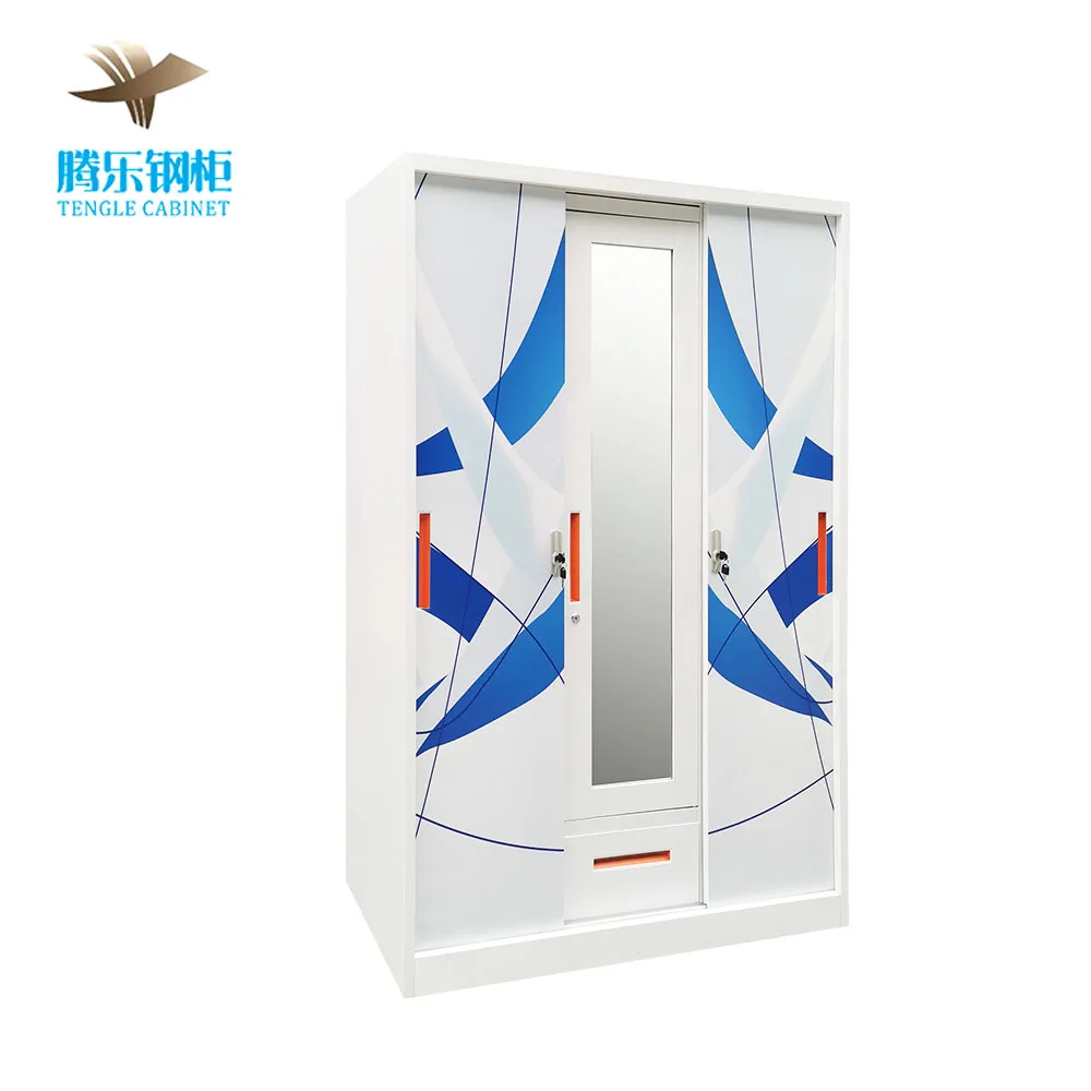 Portable Metal 3-Door Wardrobe Home Furniture Bedroom Printed Steel Swing Metal Frame Closet Modern Bedroom Furniture