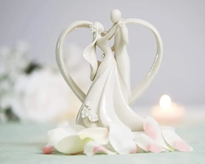 Ywbeyond Wholesale Ceramic Dancing Bride and Groom Couple Heart Figurine Cake Topper wedding Table decoration