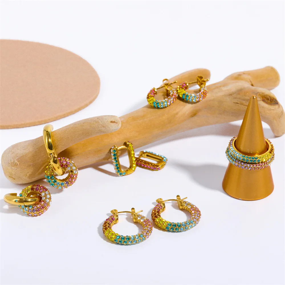 High quality stainless steel gold plated colorful diamond hoop earrings for women