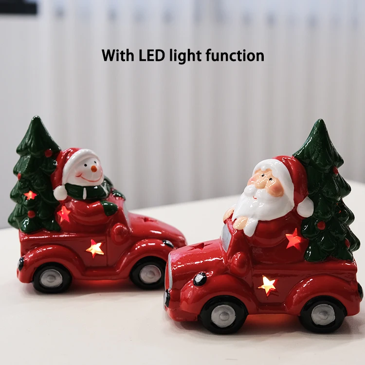 Dolomite  ceramic santa claus snowman driving car Christmas decoration with led light for kids gifts