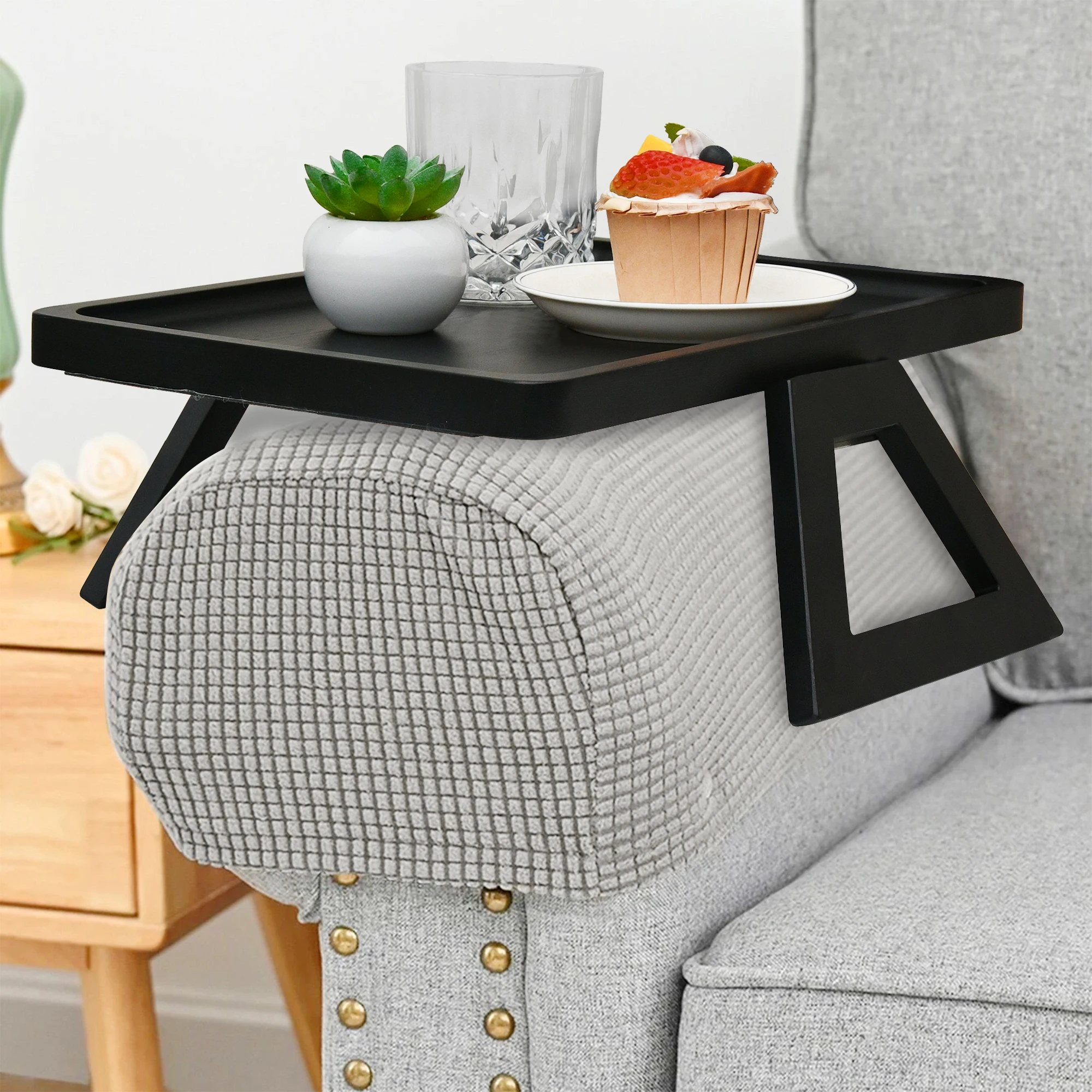 Arm Table Clip On Tray Sofa Table For Wide Couches,Bamboo Sofa Tray Table Clip On Side Table For wide ,Foldable Storage Tray