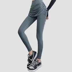 New Design Rope-Drawing Strap False Two-Piece Fitness Short Skirt High Waist Sports Leggings De Yoga Fitness