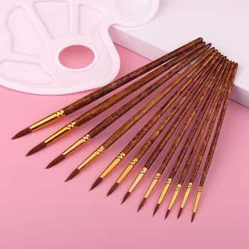 High Quality Art Supplies New 12 Pieces Painting Art Brush Set Round Hair Birch Handle Acrylic Watercolor Brush Artist