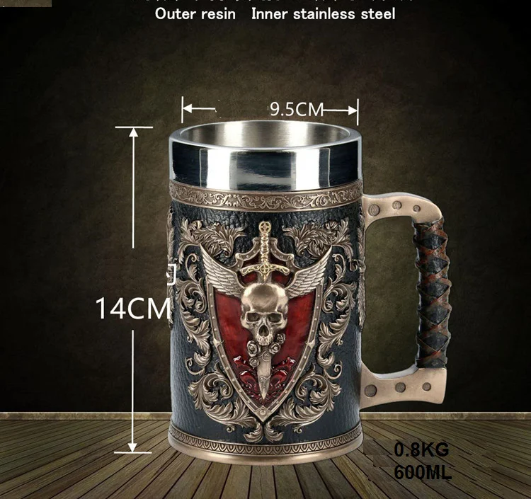 Creative Large Capacity Retro Medieval Beer Mug Double Wall Insulated 3D Resin Stainless Steel Beer Mug