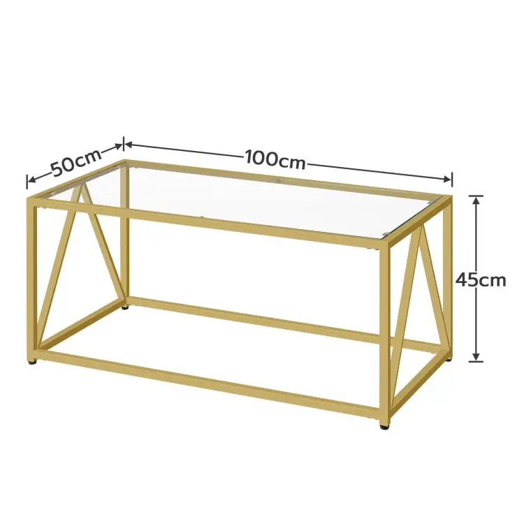 Wholesale Custom Modern Square Gold Glass Coffee Table Glass Top 1 Layer Center Table with Open Storage Shelf for Living Room