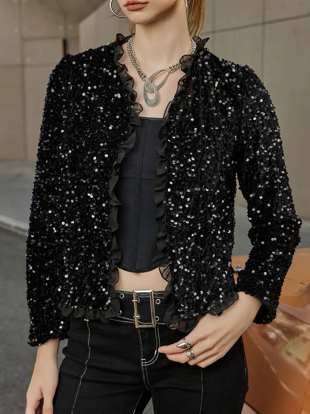 Fashion Spring Autumn Party Club Jacket Women Shiny Sequin with Cardigan Jacket Women's Long Sleeve Loose Sexy Sequined