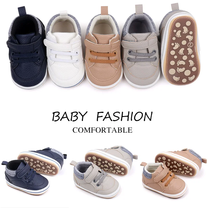 Striped Leather Lettering Design Non-slip Baby Toddler Shoes for Boys and Girls details