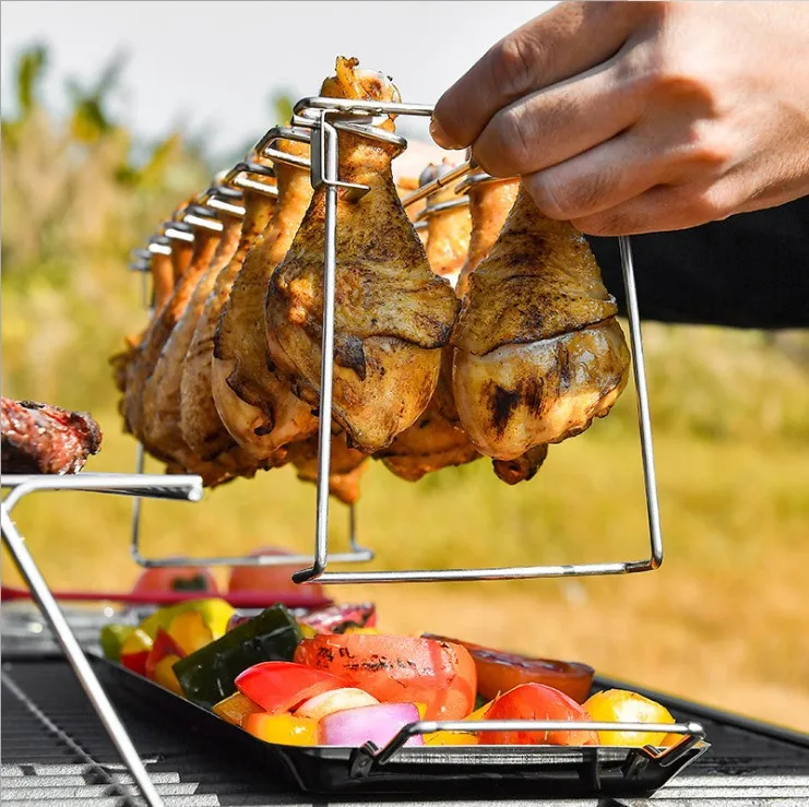 14 slots BBQ Chicken Drumsticks Rack Stainless Steel Roaster Stand with Drip Pan Chicken Leg Wing Grill Rack