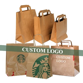 Recycled Custom Logo Printed Restaurant Food Takeaway Grocery Shopping take out Packaging Brown Kraft Paper Bag With Handles