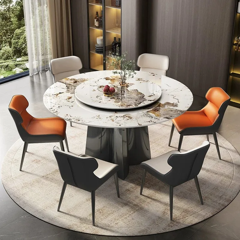 Luxury Nordic Sintered Stone Dinning Table Set For 6  Carbon Steel Base Round Dining Furniture Restaurant Table With Turntable