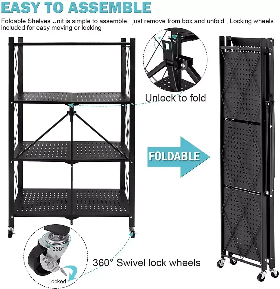 3 Tier Metal Folding Storage Rack Metal Storage Household Kitchen Shelf With Rotating Wheels