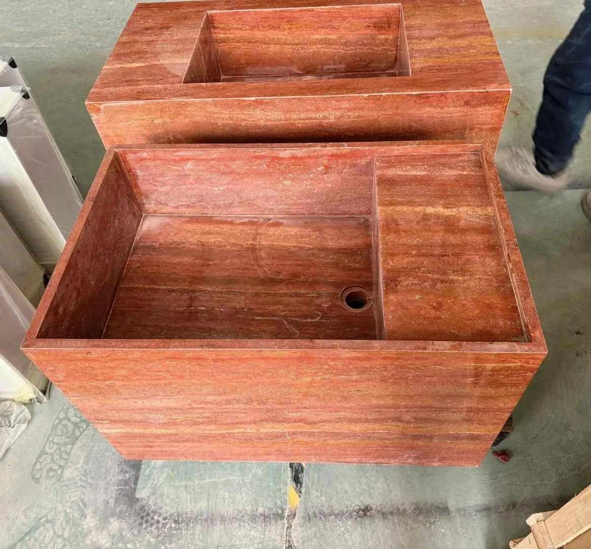 product modern design natural red travertine hand wash basin polished for indoor villa hotel bathroom and toilet use-2