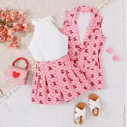 Hot sale kids clothing cute bear printing sleeveless lapel coat+vest+shorts three piece boutique clothing for girls