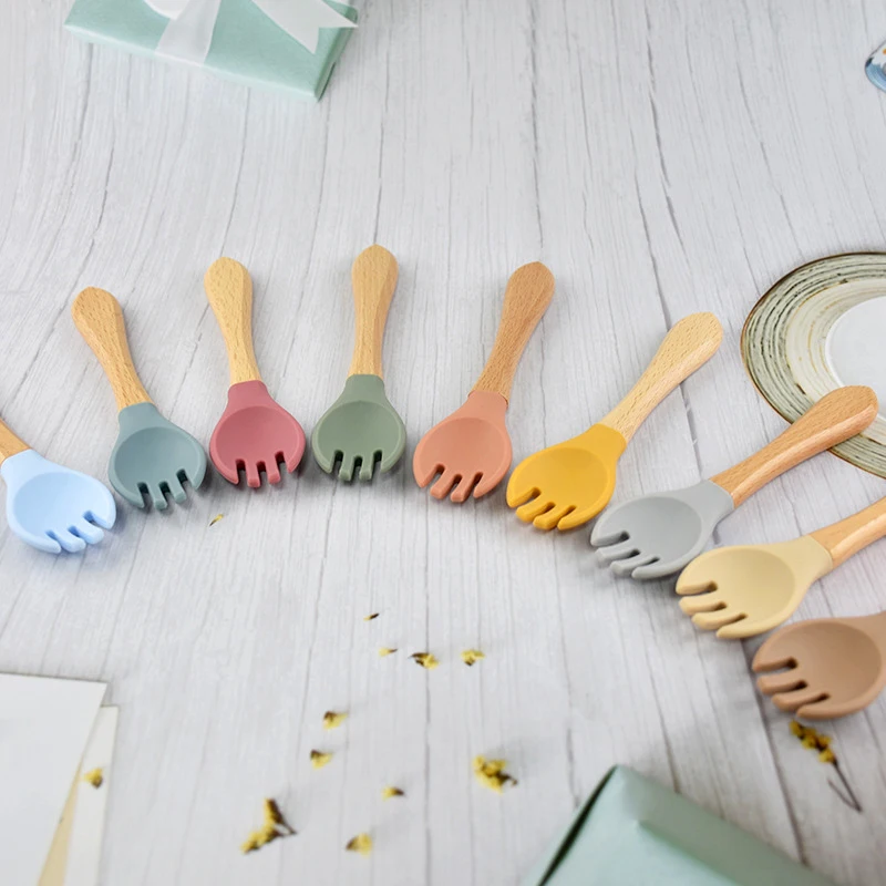 Baby Solid Pattern Toddler Cutlery Set Silicone Spoon and Fork with Wood Handle for 0-12 Months