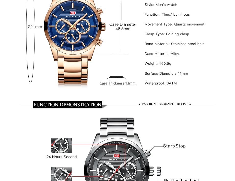 Mini Focus 0170G High Quality Men Quartz Watch Stainless Steel