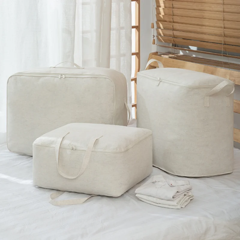 FF292 Foldable Clothes Bedding Storage Organizer with Sturdy Handle Cotton Linen Comforter Zipper Storage Bag