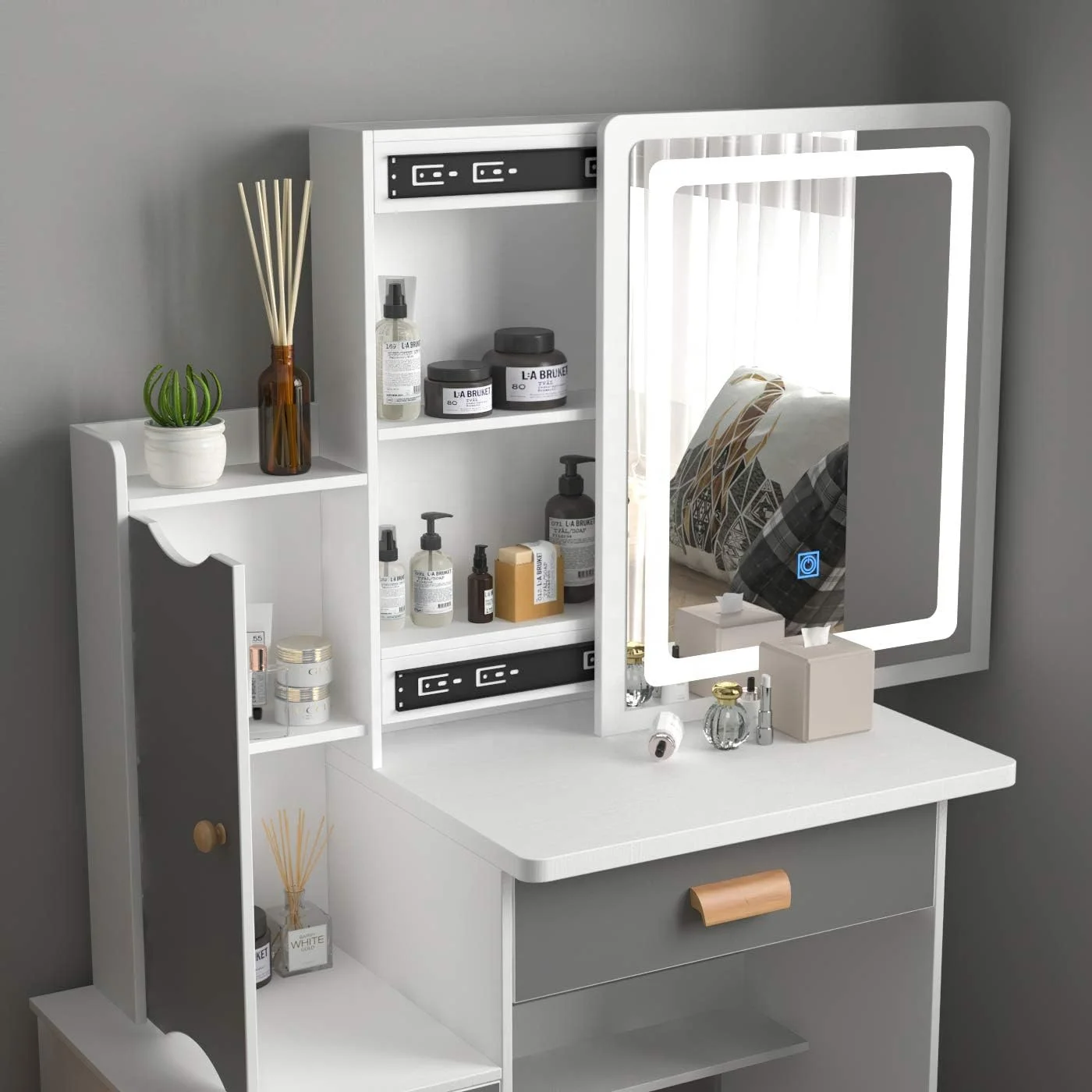 NOVA Nordic Modern Bedroom Storage Furniture Dressing Desk Home Makeup Table With Slide LED Light Mirror