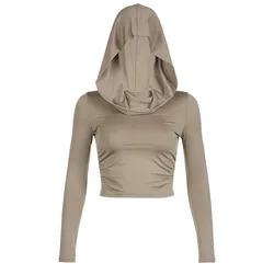 Autumn Hooded T-shirt Vintage Slim Hooded Tops for Women Sand Dune Hood Long Sleeve T-shirt
