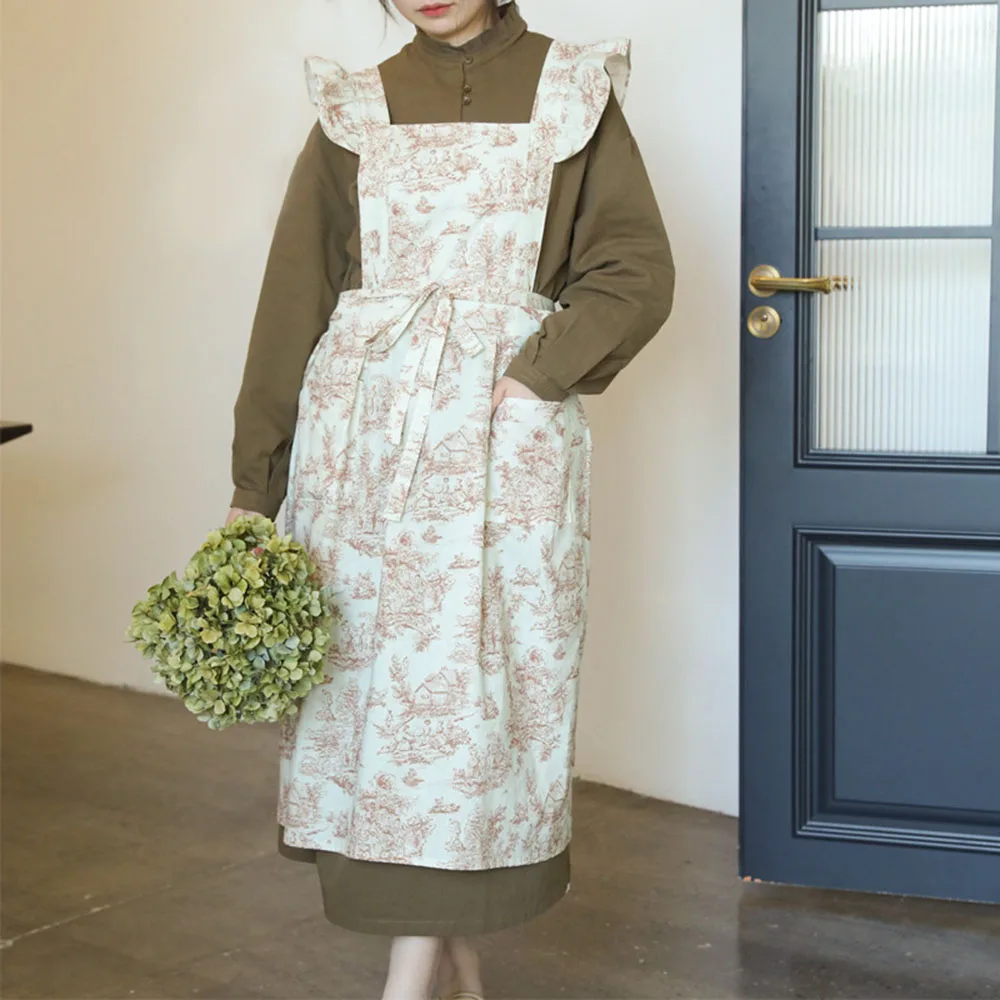 Retro French Style Thick Cotton Simple Sleeveless Flowers Leaves Grass Household Kitchen Hand Towel Overclothes Apron