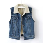 100% Custom Dark Blue 100% Cotton Denim Washed Fleece Lining Winter Jeans Vest Jacket Women Wholesale