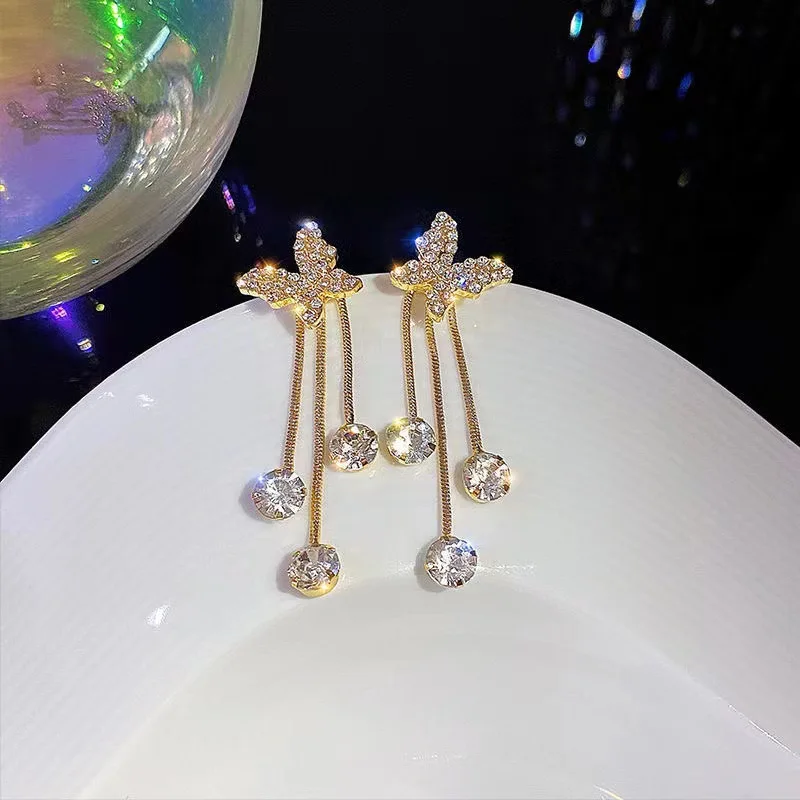 Hot Selling Blingbling Full Diamond Tassel Butterfly Earrings Shiny CZ Butterfly Earrings For Women