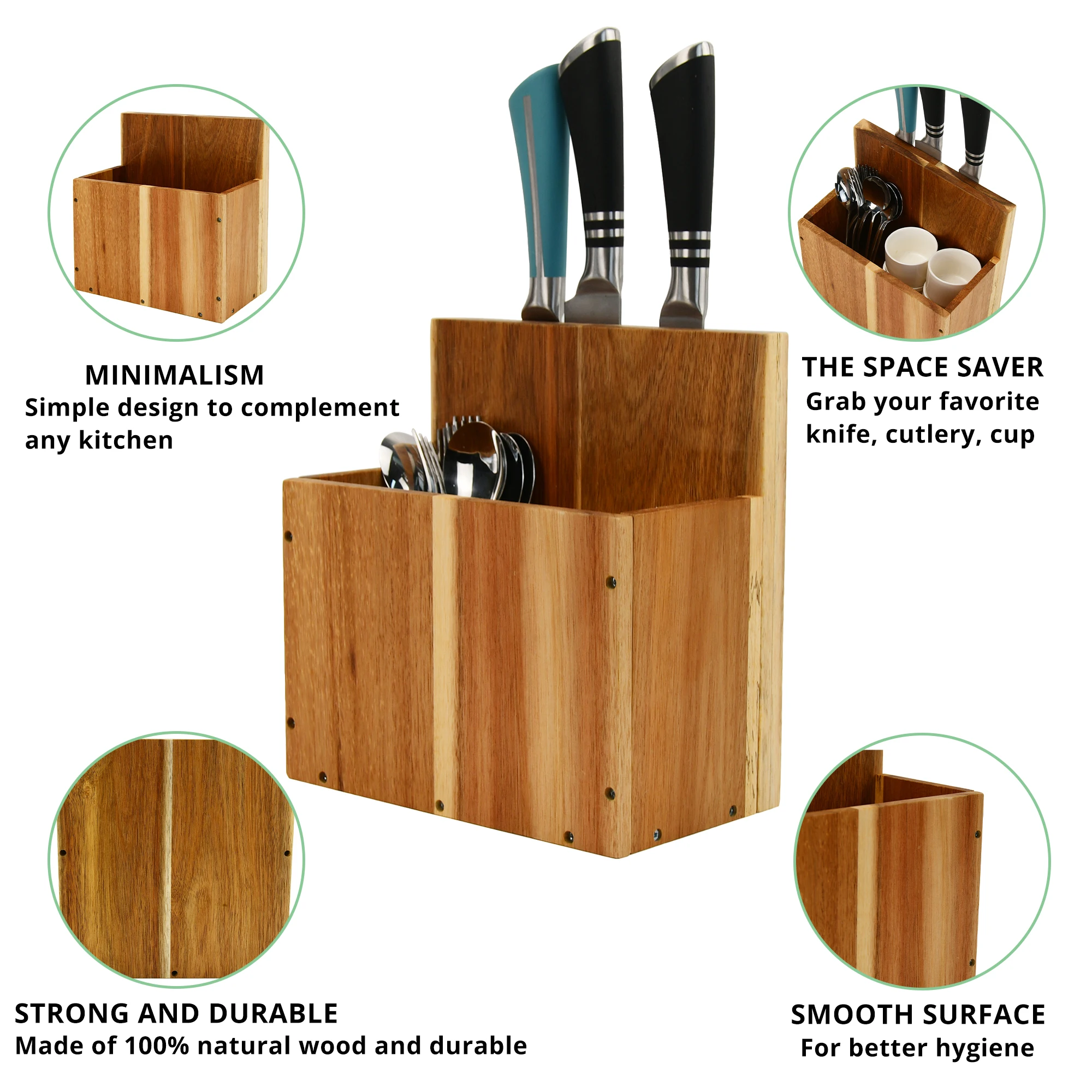 Wholesale Knives Set Acacia Wood Extra-large Stainless Steel Kitchen Utensil Holder with Magnet Knife Block