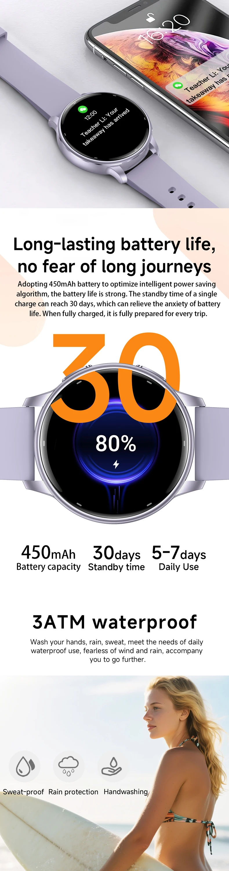 product km96 smart watch for women 132 amoled screen gps tracking 3atm waterproof 450mah battery dual straps fitness tracker-5