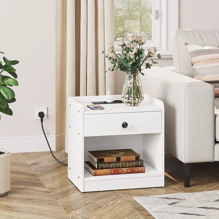 HOOBRO White Nightstand with Drawer Bedside Table with Charging Station USB Ports and Socket Side Table for Bedroom Living Room