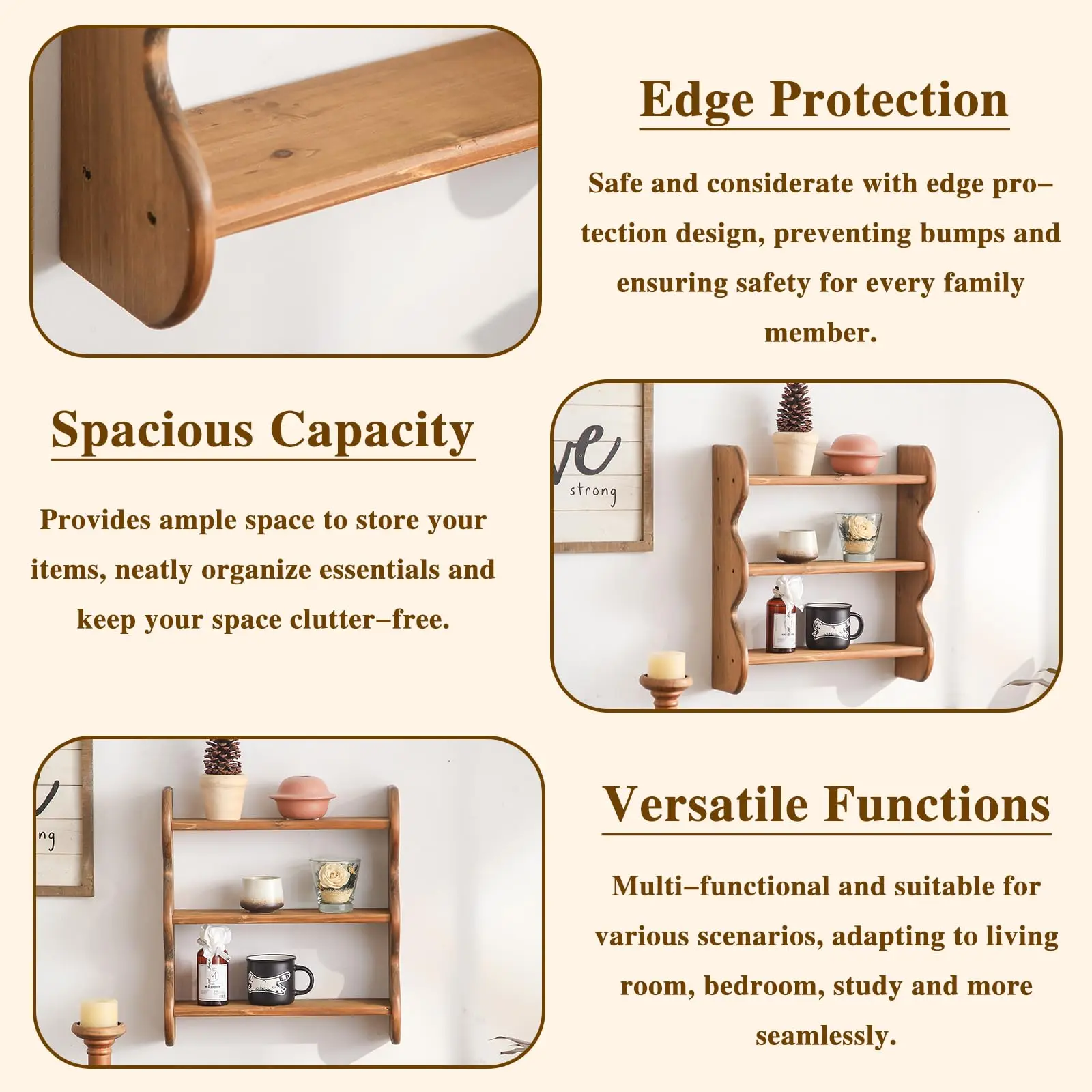 product wood floating wall shelf farmhouse wall mounted storage rack wavy edge display rack 3 tier rustic hanging storage shelf-6
