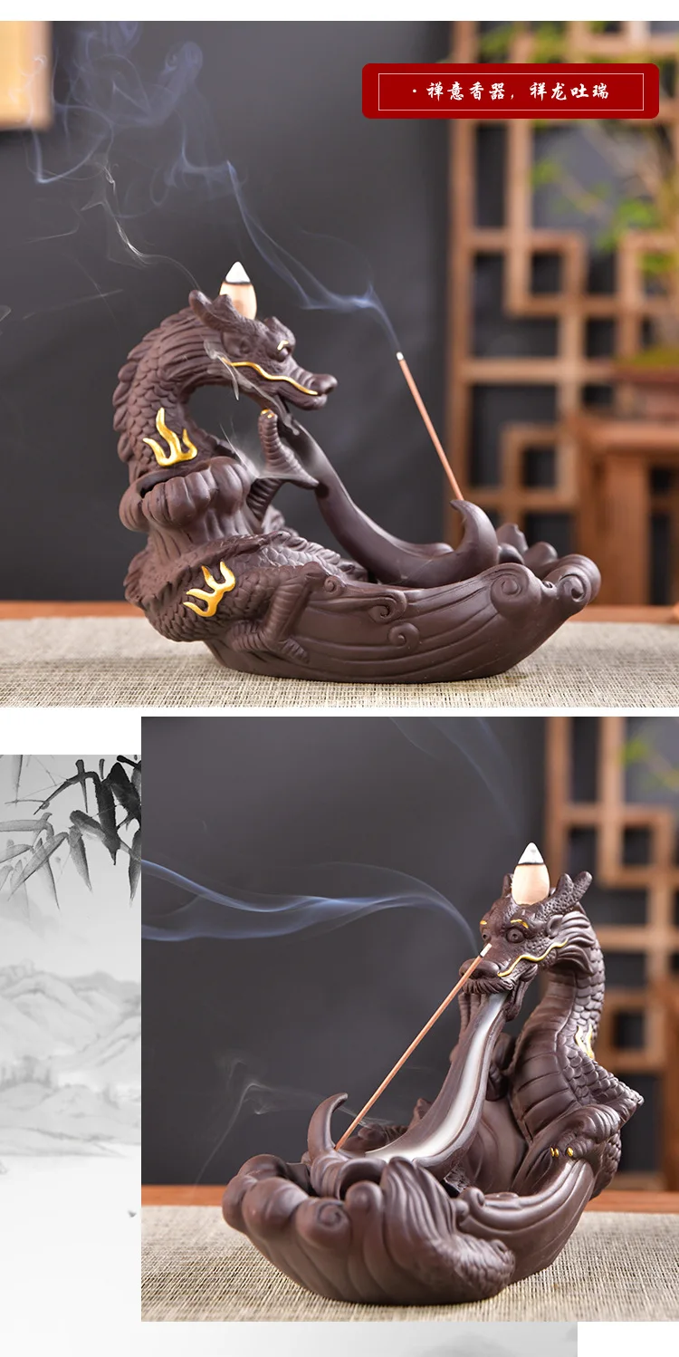 Ywbeyond Home Decor Dragon ball with led Ceramic Censer Waterfall Back flow Incense Burner Cone Incense Holder
