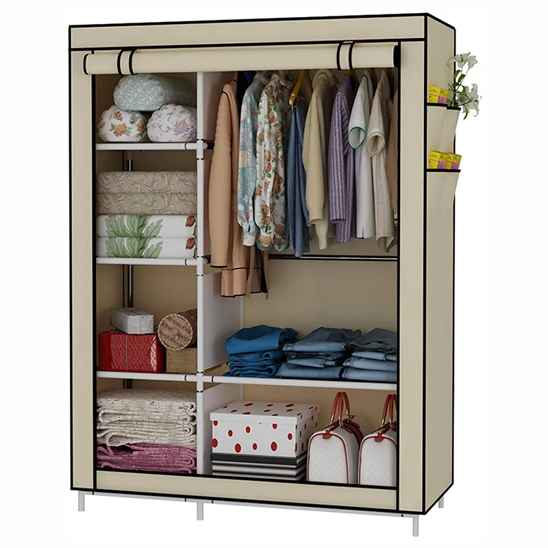 Hot Selling Simple Wardrobe Two-row Non-woven Wardrobe with 4 Side Pockets Zipper Type Hanging Curtain
