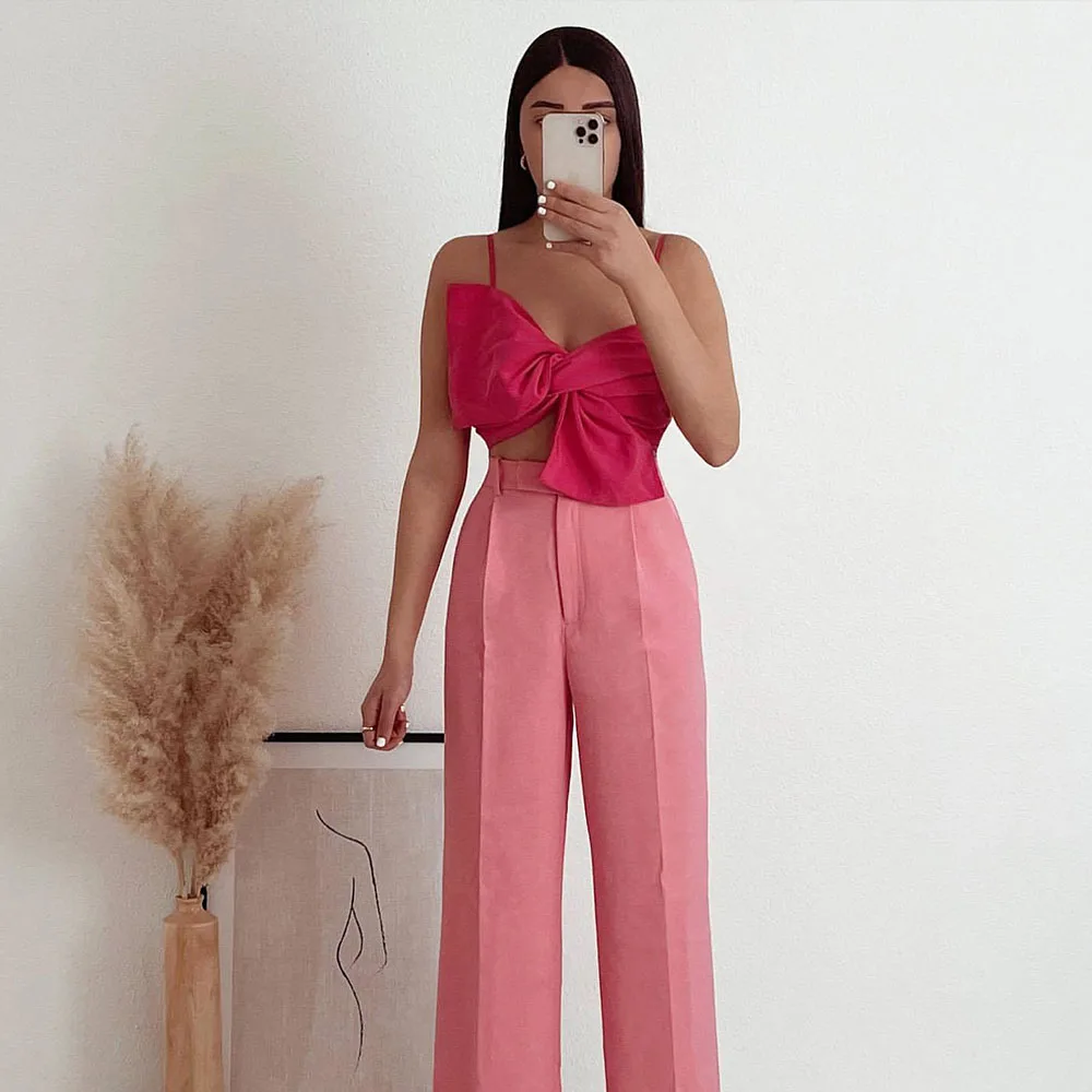 Female clothing new fashion vintage short camisole bow crop top rose Red sexy backless Women summer tops