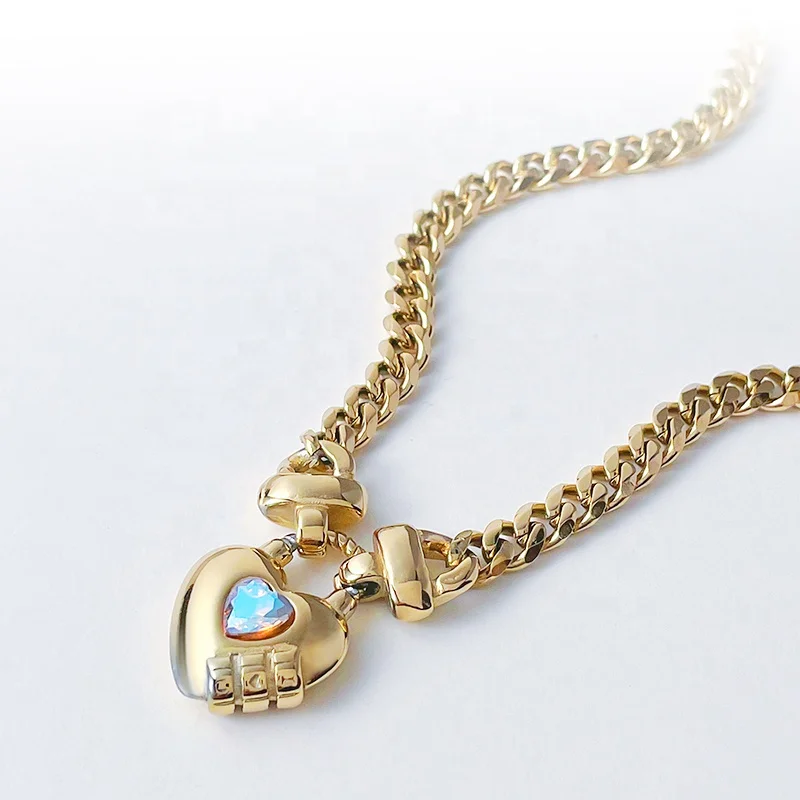 14K Gold Plated Stainless Steel Jewelry Thick Chain Heart Lock Pendant Accessories Necklaces P223300